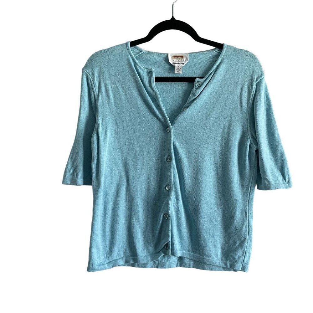 Talbots Petites Women SZ S Blue Short Sleeve Button Front Made in Italy Sweater